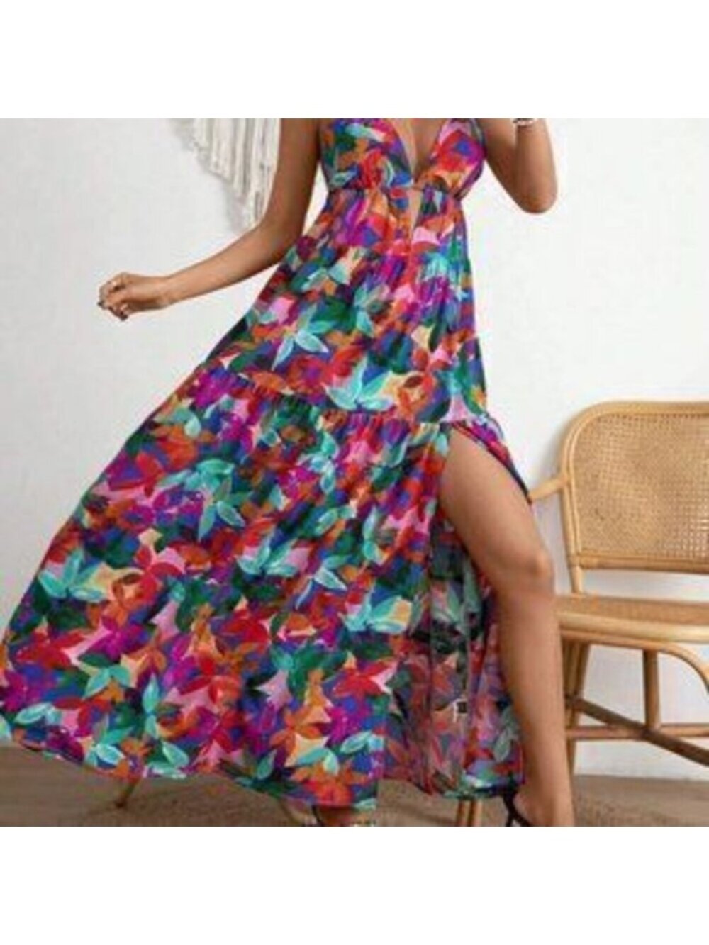 Multicolor Boho Womens Allover Floral Print Split Thigh Cami Dress